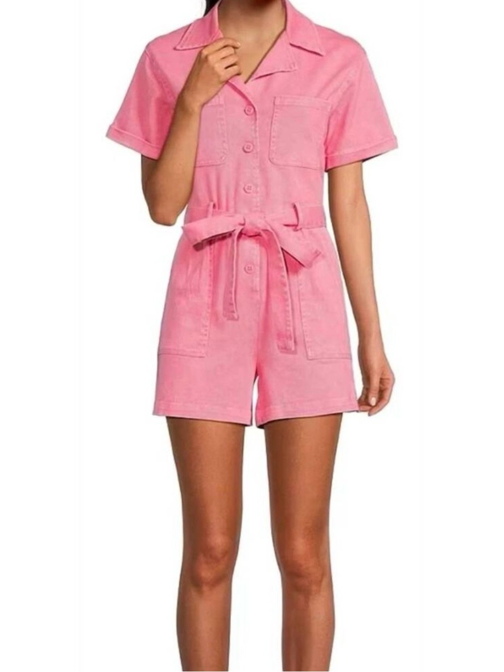 Skies Are Blue / Small / Pink Short-Sleeve Utility Romper with Tie Waist